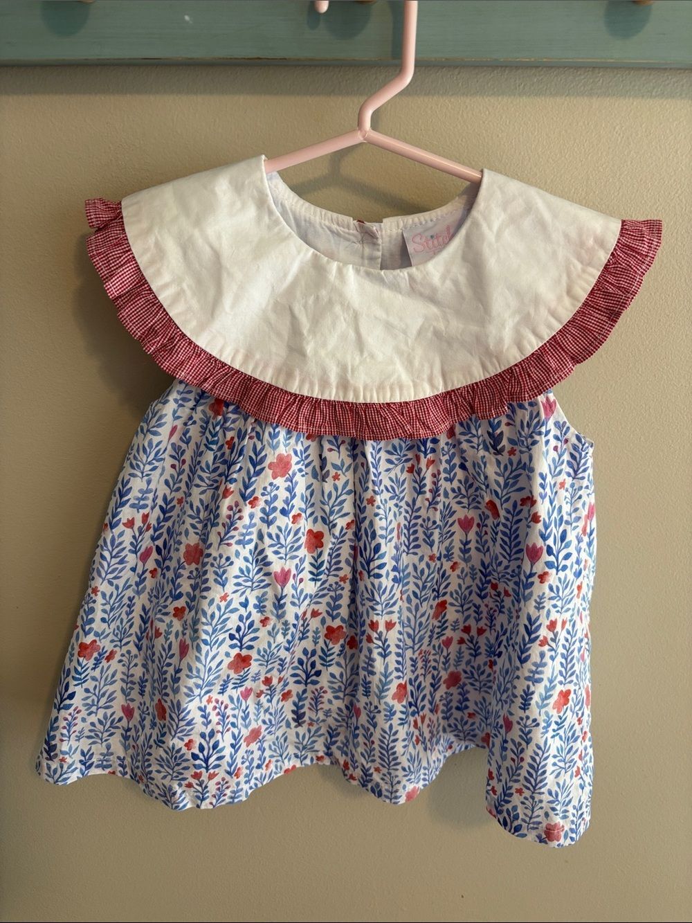 Stitchy Fish Girls Dress Size 5 Cotton Floral Portrait Collar Gingham Ruffle Blu